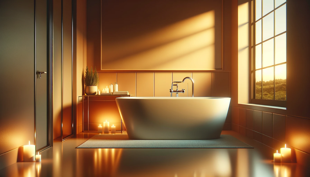 A photo-realistic image of a bathtub in a bathroom with warm hues and a tranquil atmosphere. The bathroom should have a modern, clean design 
