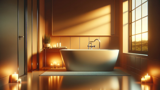A photo-realistic image of a bathtub in a bathroom with warm hues and a tranquil atmosphere. The bathroom should have a modern, clean design