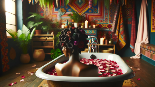 Create image depicting an African American woman with a twist hairstyle, her back facing the viewer, as she relaxes in a bathtub filled with rose petals. The bathroom is styled with an Afro-Bohemian design, featuring vibrant colors, ethnic patterns, and plants, creating a serene and luxurious atmosphere. Please do not add a scarf on her neck. The image is in a 16:9 ratio, capturing the essence of a peaceful, culturally rich environment