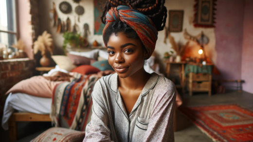 Here's the image depicting an African American woman with a twist hairstyle wrapped in a hair scarf, sitting comfortably in her bohemian-style bedroom. She has a slight smile and is wearing comfortable pajamas. The bedroom is decorated in a bohemian style, with vibrant colors, ethnic patterns, and cozy elements, creating a relaxed and culturally rich atmosphere. The image is in a 16:9 ratio, capturing the essence of comfort and personal style in a warm, inviting setting.
