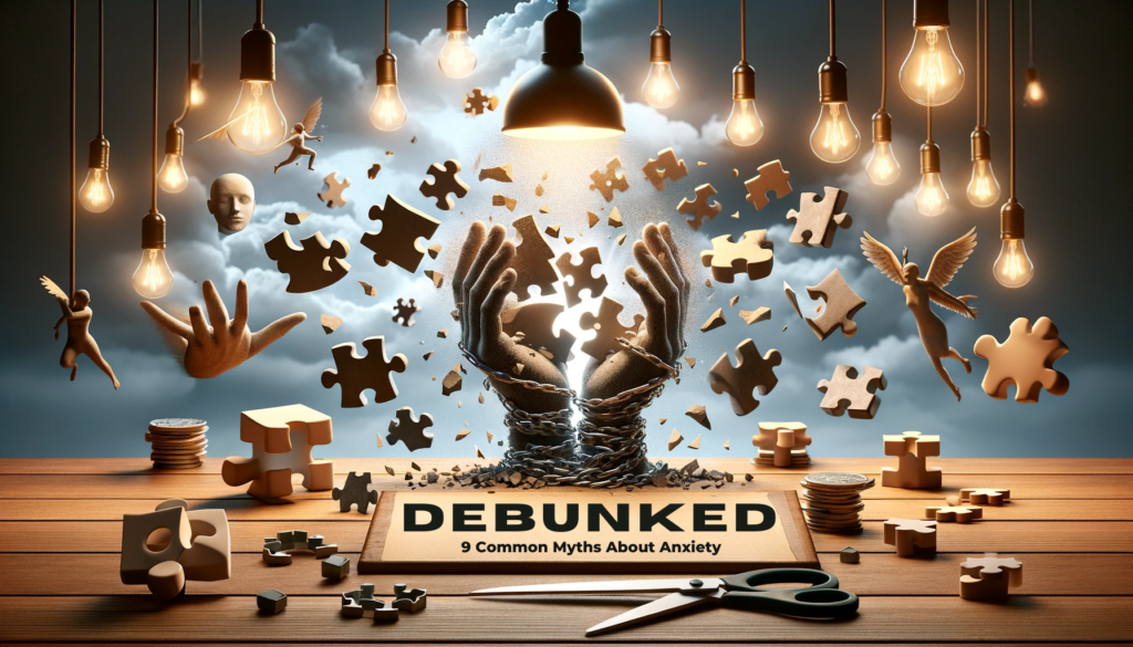 Here's the image illustrating 'Debunked: 9 Common Myths About Anxiety.' The conceptual design represents the theme of dispelling misconceptions about anxiety, featuring symbolic elements like shattered myths, possibly represented by broken chains or puzzle pieces, and a sense of clarity or enlightenment. This composition is in a 16:9 ratio, visually engaging and thought-provoking, with a focus on mental health 