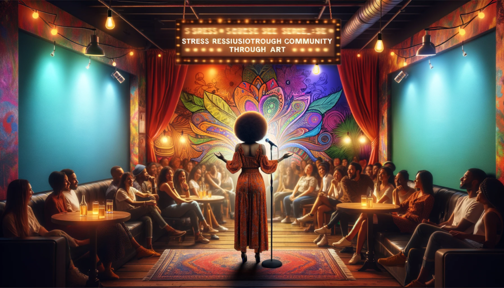 An image of an Afro-bohemian woman poet performing at a vibrant speakeasy, her back to the camera, facing an attentive audience..png