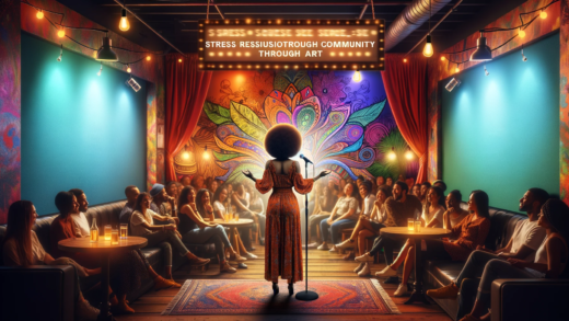 An image of an Afro-bohemian woman poet performing at a vibrant speakeasy, her back to the camera, facing an attentive audience..png