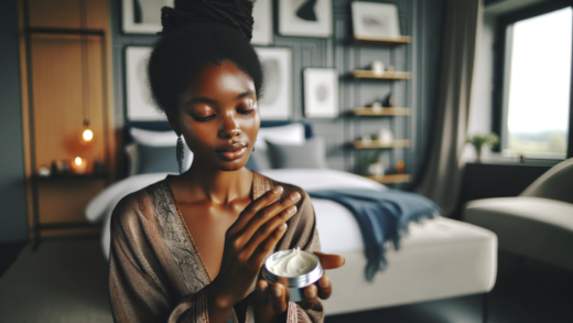 An-image-of-a-high-end-luxurious-African-American-woman-applying-shea-butter-to-her-skin-correctly-set-in-a-modern-home.
