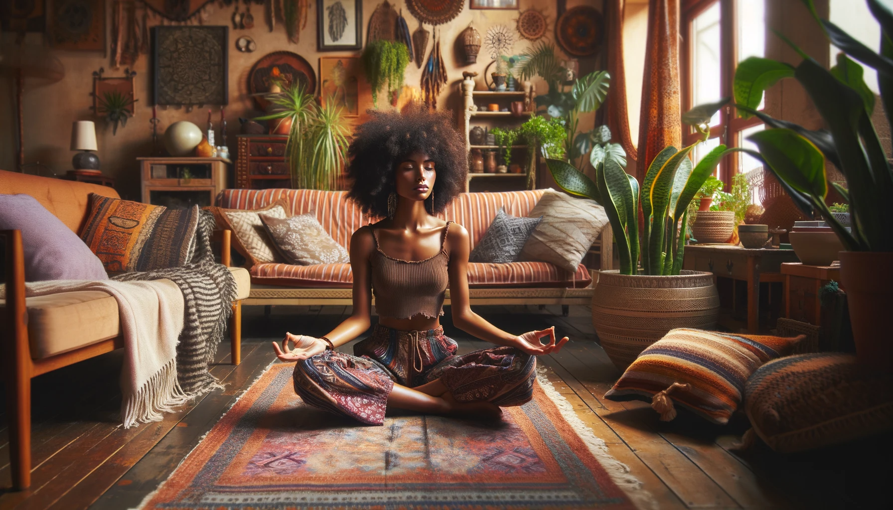 An-image-of-an-Afro-bohemian-chic-woman-meditating-in-her-living-room-reflecting-a-sense-of-peace-and-mindfulness.-The-setting-should-be-a-cozy