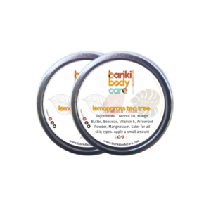 Two tins of Bariki Body Care Deodorant Cream with Lemongrass Tea Tree scent, showing ingredients like Coconut Oil and Mango Butter on the label, against a transparent background.