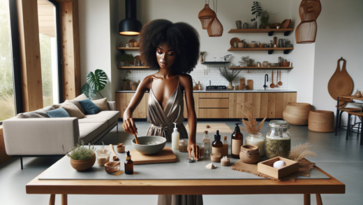 African American woman creating a DIY skincare recipe in her minimalist Afro-bohemian style kitchen. The setting is sleek and minimalist