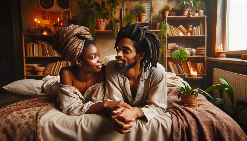 Here is the image depicting an African American couple lying in bed, gazing at each other. The woman has a twist hairstyle wrapped in a scarf, and the man has locs. They are wearing comfortable pajamas in their Afro-Bohemian bedroom, which is decorated with plants, books on a bookcase, and candles, creating a warm, cozy, and culturally rich atmosphere. The image is in a 16:9 ratio