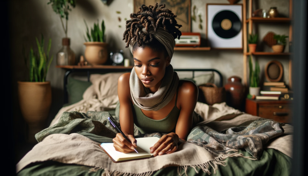 Here's the image depicting an African American woman with a twist hairstyle wrapped in a scarf, wearing an olive green tank top, lying in bed and writing in her journal. Her bedroom is decorated in an Afro-Bohemian style, complete with plants and a record player on a nightstand, exuding a cozy and artistically styled ambiance that reflects a blend of cultural and modern influences. The image is in a 16:9 ratio.