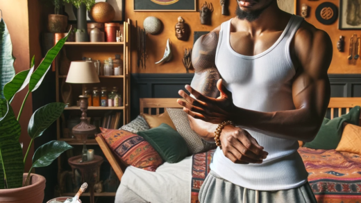 An African American man with short locs hairstyle is depicted applying body butter to his muscular arms in a bedroom. The room radiates warmth and artistic flair, adorned in an Afro-bohemian style with earthy tones and vibrant patterns. The bedroom features a low wooden bed with colorful, patterned bedding, and a nightstand with a vintage lamp. Art pieces, including portraits of Malcolm X and Bruce Lee, decorate the walls, symbolizing a blend of cultural heritage. Scattered around the room are various potted plants like a fiddle leaf fig and snake plant, adding greenery. A wooden bookshelf filled with a diverse collection of books is also visible, reflecting the man's cultured nature. The room's ambiance is enhanced by natural light filtering through, highlighted by the color palette of browns, greens, and vibrant accents of gold, red, and orange. An incense holder or small sculpture can be seen, contributing to the room's personal touch and Afro-bohemian theme