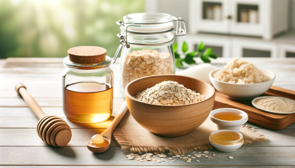An inviting kitchen setting with a wooden table displaying ingredients for a DIY Honey & Oatmeal Face Mask. The scene includes a bowl of finely ground oatmeal, a jar of natural honey, a small bowl of warm water, a soft brush, and a spoon for mixing. The natural and homemade essence of the mask is emphasized by the bright, airy kitchen background.