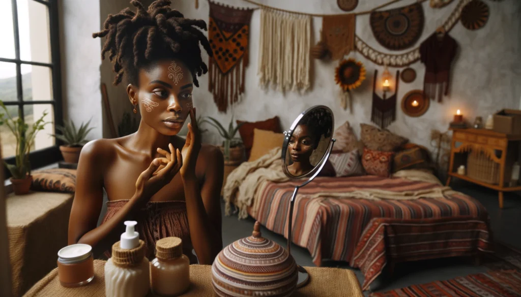 The image has been created, showing an African American woman with a mini twist hairstyle thoughtfully examining her skin in the mirror. She's surrounded by Afro-Bohemian decor, encapsulating a moment of reflection and adaptation to new skincare products in a nurturing atmosphere.