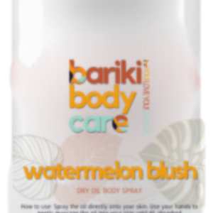 Bariki Body Care Matte Moisture Dry Oil Body Spray in Watermelon Blush scent, featuring a sleek and transparent spray bottle design with a white label and vibrant orange and teal branding. The product name and usage instructions are prominently displayed on the label