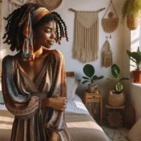 Beautiful African American woman with a boho style is standing by her bedroom window, looking out and enjoying the summer sun. She has mini twist