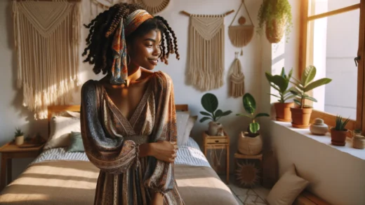 Beautiful African American woman with a boho style is standing by her bedroom window, looking out and enjoying the summer sun. She has mini twist