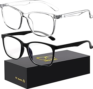 Set of two blue light blocking glasses, one with a clear frame and one with a black frame, displayed on top of a black storage box.