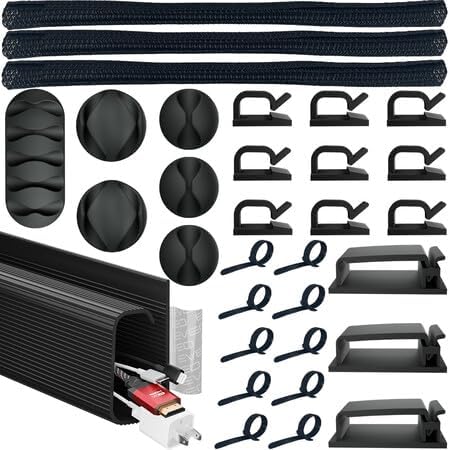 Cable management kit featuring a variety of cable clips, ties, holders, and a cable sleeve for organizing and securing cords.