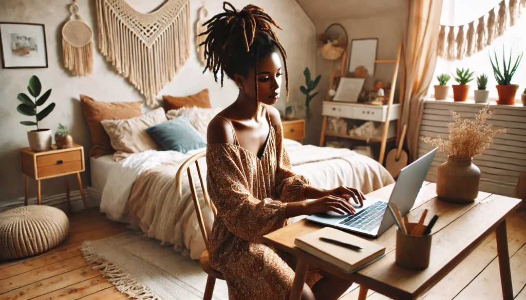 create a 16:9 image of an African American Women with a boho style looking out of her bedroom window enjoying the Summer Sun. Please use my similar description from past request for this image