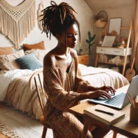 create a 16:9 image of an African American Women with a boho style looking out of her bedroom window enjoying the Summer Sun. Please use my similar description from past request for this image