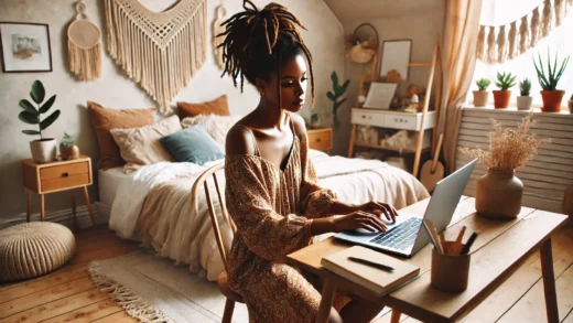 create a 16:9 image of an African American Women with a boho style looking out of her bedroom window enjoying the Summer Sun. Please use my similar description from past request for this image