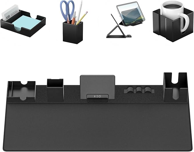 Black desktop organizer set with multiple compartments for stationery, sticky notes, tablet stand, and a cup holder, displayed with individual accessory images above.