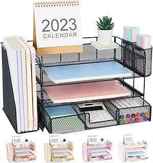 Mesh metal desktop organizer set with multiple compartments holding files, documents, stationery, a 2023 calendar, and small office supplies, available in various colors.