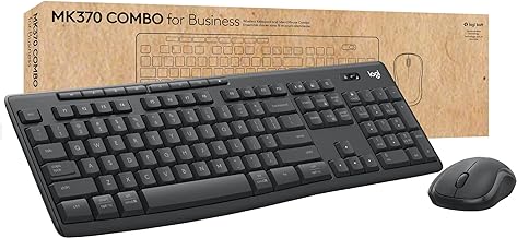 Logitech MK370 wireless keyboard and mouse combo for business, featuring a black full-sized keyboard and ergonomic mouse, with packaging in the background