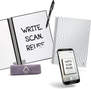 Rocketbook Smart Reusable Notebook with pen and smartphone, showcasing its ability to write, scan, and reuse pages