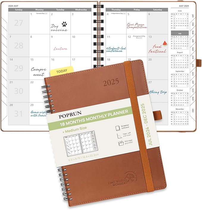 Poprun 18-Month Monthly Planner for 2024-2025 in medium size, featuring an open view of a monthly calendar and a closed planner with brown leather cover