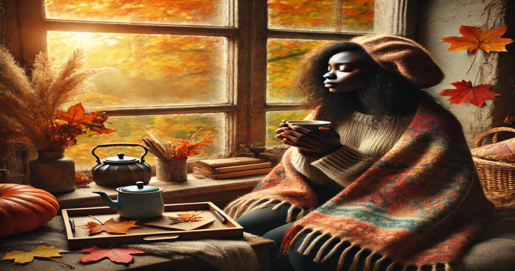 A cozy scene of an African American woman wrapped in a warm blanket, holding a cup of tea by a window with autumn leaves outside. The woman is dressed in a soft sweater and beret, surrounded by fall decor, including a pumpkin, tea set, dried flowers, and rustic books. The warm lighting and earthy tones create a peaceful, reflective atmosphere, perfect for a self-care moment on a fall afternoon