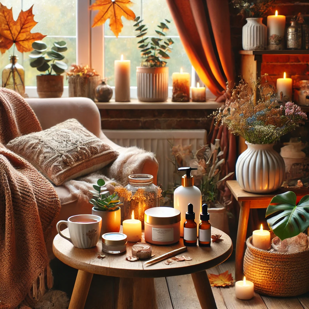 A cozy, fully set self-care scene with autumn-inspired decor, perfect for wrapping up your Self-Care Sunday blog post